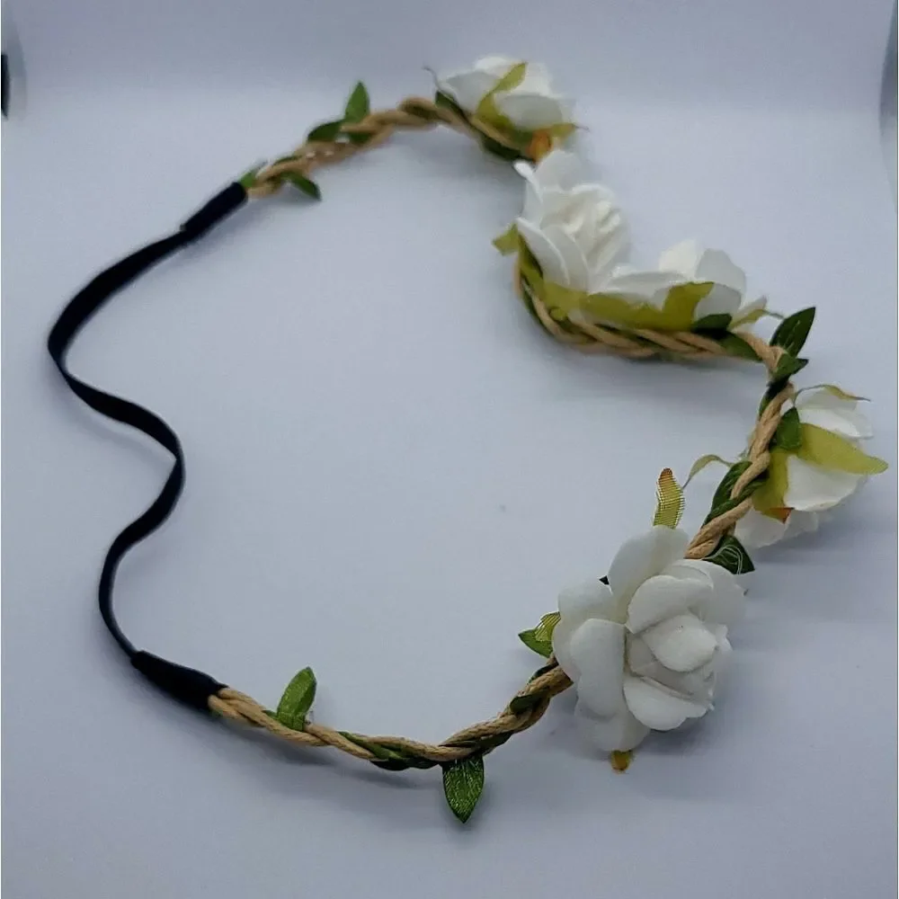 White Rose Halo Boho Fairy Rustic Wedding Flower Girl Bride Flower Headband